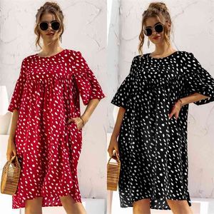 Summer vintage Casual little loose pocket dress for women short sleeve Beach Dot print mini clothes vestido 210508