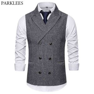 Fashion Tweed Double Breasted Suit Vest Men Brand Lapel Mens Tuxedo Vest Business Wedding Dress Waistcoat Gilet Homme 210522