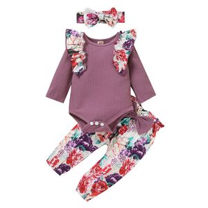 2021 Zimowe niemowlę dziecięce 3PCS Układ ubrania Zestaw Dziewczyny z długim rękawem Waczki Romper Bodysuit+Lopard Floral Printed Pants Ostra odzież 4 Kolory