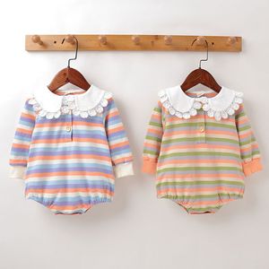 Infant Baby Girls Lace Collar Rompers Clothing Spring Autumn Kids Girl Long Sleeve Stripe Clothes 210429