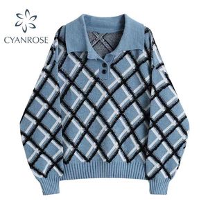 Polo Collar Sweter Sweter Dzianiny Topy Kobiety Z Długim Rękawem Argyle Student Ol Casual Knitwear Plaid Vintage Koreański Luźna Kobieta 210515