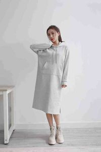 winter dress Women's circle cotton dress Europe and America loose large size kangaroo pocket middle length pullover casual dress Y1204