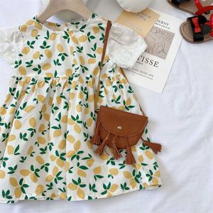 Yaz Kızlar için Taze Pamuk Elbise Çocuklar için Rahat Giyim Güzel Baskı Desen Limon A-Line Dantel Patchwork Sundress 210529