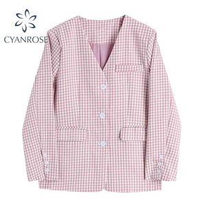 Весенние розовые плед Blazer V-образным вырезом кардиган пальто Женщины однобортный карманный карманный сладкий стильный пиджак Ins корейский свободная верхняя одежда 210515