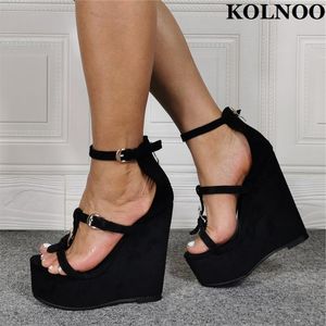 Sandals Kolnoo Daily Wear Handmade Ladies Wedges Heel Buckle Straps Kid suede Peep toe Real Pos Fashion Party Prom Shoes