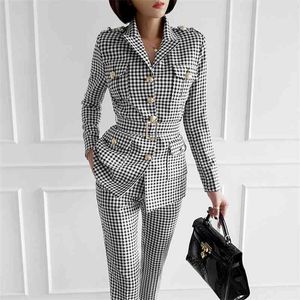 High Quality Autumn Winter Woman Houndstooth Sets Two Piece Outfits Matching Pants Casual Single-Breasted Office Waist Suit 210520