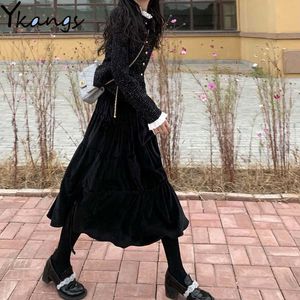 Vintage Black Velvet Women Skirt Sweet Cake Layered Long Midi Pleated Skirt Korean Style Tiered Tulle Ins A Line Maxi Skirt 210619