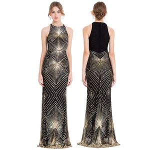 Angel-fashions Women's Gold Sequin Art Deco Column Sparkle Long Evening Dress Prom Gown Party Dresses 402223U