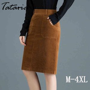 Tataria kvinnor corduroy höst kjol hög midja dragkedja kontor kjolar vinter kvinnlig knä längd rak plus storlek 210514