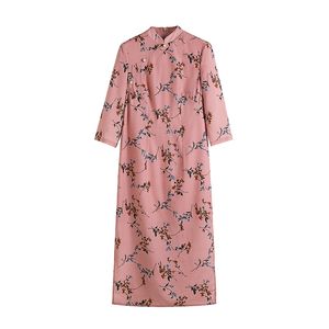 Women Pink Cheongsam Chinese Style Mandarin Collar Half Sleeve Floral Print Knee Length Elegant Dress Summer D1728 210514