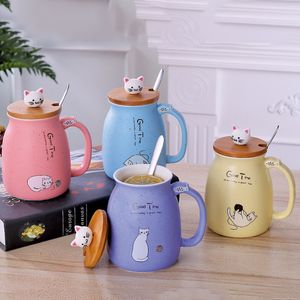Sevimli Karikatür Kedi Kupalar Hayvan Kahve Kolu ile Teacup Kapak Kaşık Set Kahvaltı Seramik Süt Kahve Fincanı Drinkware