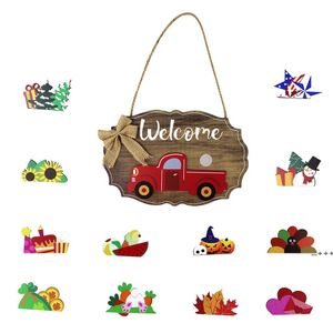 Old Truck Welcome Sign for Front Door with 12 Pieces Interchangeable Holiday Accessories Wood Porch Decor Hanging Rustic Farmhouse RRE10835
