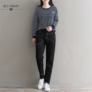 Мода весенний парень джинсы для женщин Винтаж высокая талия промытая кнопка черного джинсового длинного гарема плюс размер 3XL 210520