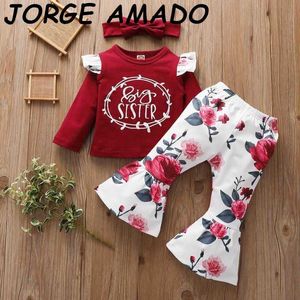 Baby Mädchen Sets Burgund Langarm T-shirt + Blumen Flare Hosen + stirnband 3PCS Outfits Anzug Kleidung ML002 210610