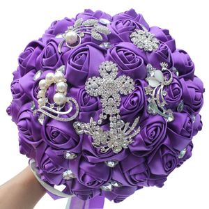 Wedding Flowers Handmade Satin Ribbon Bridal Bouquets Bridesmaid Holding Flower Diamond Sweet Quinceanera W235