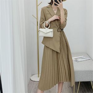 Women's Spring Notched Neck Pleated Dress Draped Lace Up Bow A-line Dresses OL Elegant Work Wear Business Vestidos 210520
