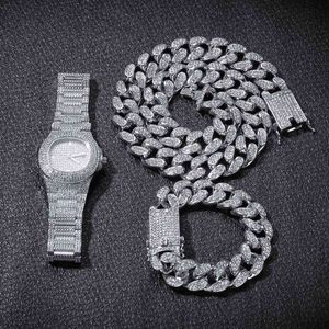 Watch Necklace Bracelet HipHop Curb Cuban Chain Gold Iced Out Miami Paved Rhinestones CZ Bling Rapper for Men Party Jewelry Gift X0509