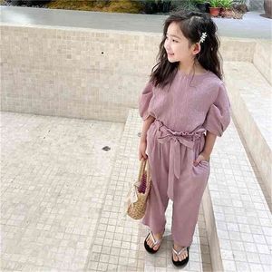 夏の到着の女の子ファッション2個のスーツのトップ+パンツ子供韓国のデザインセット210528