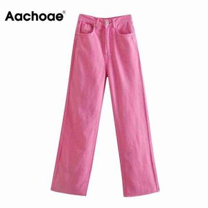 Aachoae Jeans a gamba larga da donna Moda Pantaloni lunghi in denim a vita alta in cotone con tasche Pantaloni larghi dritti casuali Pantalon 211129