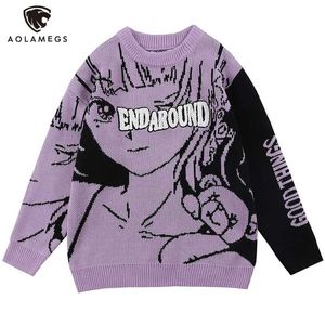 Aolamegs sweater erkekler tüylü yama anime kız ayı örgü kazak çift moda kolej tarzı jumper kış sokak kıyafeti 220108