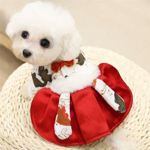 Winter Chinese New Year Dress Pet Clothes Tang Suit Cheongsam Cat Puppy Costume Skirt Wedding Dresses Small Dog Outfit