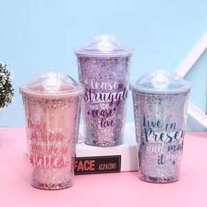 Moda Yaratıcı 420 ml Seyahat Taşınabilir Kupası Kupa Çift Plastik Yıldız Bling Shining Tasarım Kahve Su Tumbler Hediye