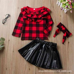 Jesień Zestawy dla dzieci Casual z długim rękawem Ruffles Plaid T-shirt PU Spódnica Zespół Włosów 2 sztuk Dziewczyny Odzież 2-9t 210629