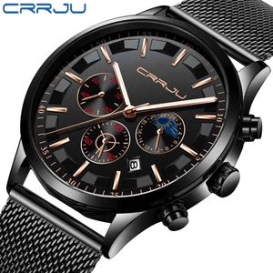 crrju Men Watches Top Brand Luxury Quartz Clock Chronograph Fashion Mesh Steel Watch Waterproof Sport Mens Watch Saat 210517