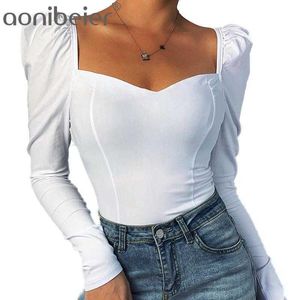 Elegant Square Collar Women Autumn Shirts Solid Color Puff Sleeve Slim Blouses Tops Sexy V-neck Long Shirt 210604