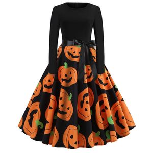 Vestidos de design de moda de Halloween impresso vestido casual manga comprida com cinto