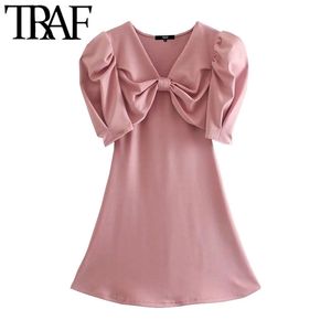 Women Chic Fashion With Knotted Fitted Mini Dress Vintage V Neck Puff Sleeve Female Dresses Vestidos Mujer 210507