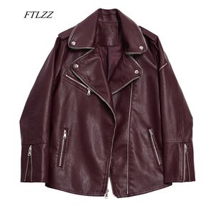 Faux Soft Leather Luźna Kurtka Kobiety Jesień Turndown Collar Nit Zipper Black Pup Płaszcz Kobiet Pu Biker Kurtki 210430