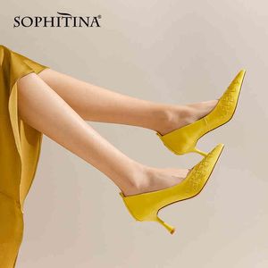 SOPHITINA Fashion Pumps Yellow Premium Leather Weaving design Pointed Toe Female Shoes Stiletto Comfortable Women's Shoes SO978 210513