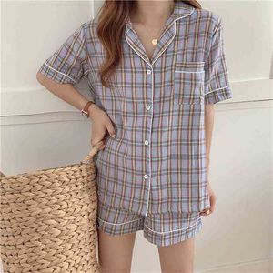 Sommar Casual Plaid Short Cotton Pyjamas Två Piece Suits Soft Stylish Sleepwear Women Home Chic Loose Sets 210525