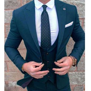 2021 New Mens Teal Wedding Prom Passar Slim Fit Male Business Groom Tuxedos Party Dinner Blazers Pieces Set Jacket Vest Byxor