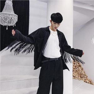 Men's Casual Shirts SHENGYUJIN 2021 Fashion Fringed Shirt Black Male Loose Ins Net Red Style Foreign Deer Suede Hair Stylist Tide1