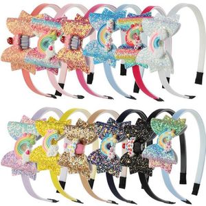 Mädchen Baby Regenbogen Einhorn Stirnband Zubehör Pailletten Obst Bowknot Haarstöcke Cartoon leuchtende Bogen Kinder