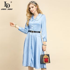 Letni startowy Bohemian Wakacje Suknia Kobiet Turn-Down Kołnierz Koronki Patchwork Polka Dot Drukuj Loose Lady Midi 210522