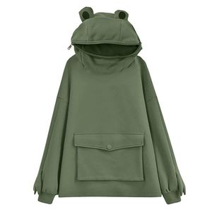 Unisex Frog Zipper Hoodie Fleece Lined Springtime Haft Dversive Bluza Harajuku Ciepłe Pulower Koreański Styl Dropship 211230