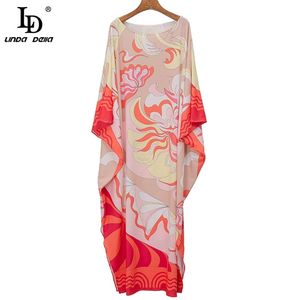 Fashion Runway Designer Summer Dress Women O-Neck Batwing Sleeve Red Floral Print Vintage Female Loose Maxi 210522