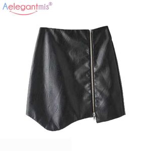 Aelegantmis Solid Black Irregular Zipper Pu Leather Skirt Women Elegant High Waist Short Ladies Casual Mini A-line 210607