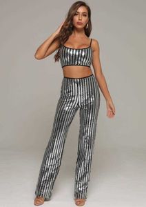 Women Clothing Set Sexy Sparkly Two Pieces Striped Party Celebrity Bandage Crop Tops Boot Cut Pants Trousers 210527