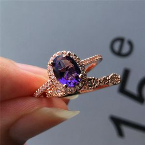 Cluster Rings Charm Female Ladies Purple Stone Ring Set Crystal Rose Gold Oval Wedding Vintage Party Promise Engagement For Women