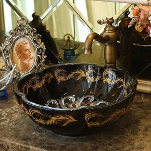 أسود زهرة الشكل الصين الفنية اليدوية الخزف جولة الحمام مكافحة الأعلى السيراميك بالوعة الحمام الفن حوض مغسلة