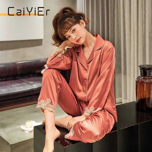 CAIYIER Women Pajamas Silk Autumn and Winter Long Thin Section Sexy Leopard Grain Lace Sweet and Lovely Home Clothes Suit Q0706