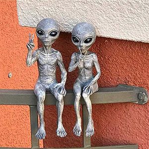 Obcy ogród Żywica Statua Medytuje Alien Art Statua Rzeźba Ornament Kryty Dekoracji Outdoor Ogród Extraterrestrial Decor Q0811