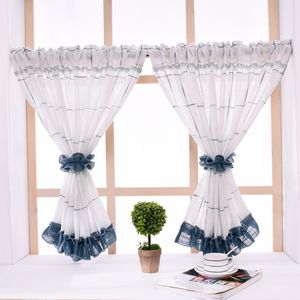 American Pastoral Style Short Curtain Navy Blue Plaid Sheer Curtains Cotton Linen Kitchen Curtain Bedroom Curtain for Home Decor 210712