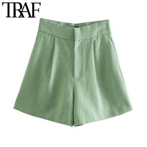 Mulheres chique moda lado bolsos linho bermudas shorts vintage alta cintura zíper voar fêmea calças curtas mujer 210507