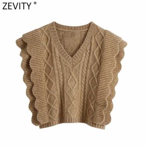 Zevity女性のファッションVネックかぎ針編み編み物セーター女性ノースリーブカスケートフリルカジュアルベストシックプルオーバートップS520 210603