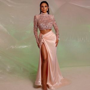 2022 Arabiska Aso Ebi Style Prom Party Klänningar med långa ärmar Två bitar Sparkly Rosa Sequin Plus Storlek Formell Kväll Occasion Grows Robe de Soiree